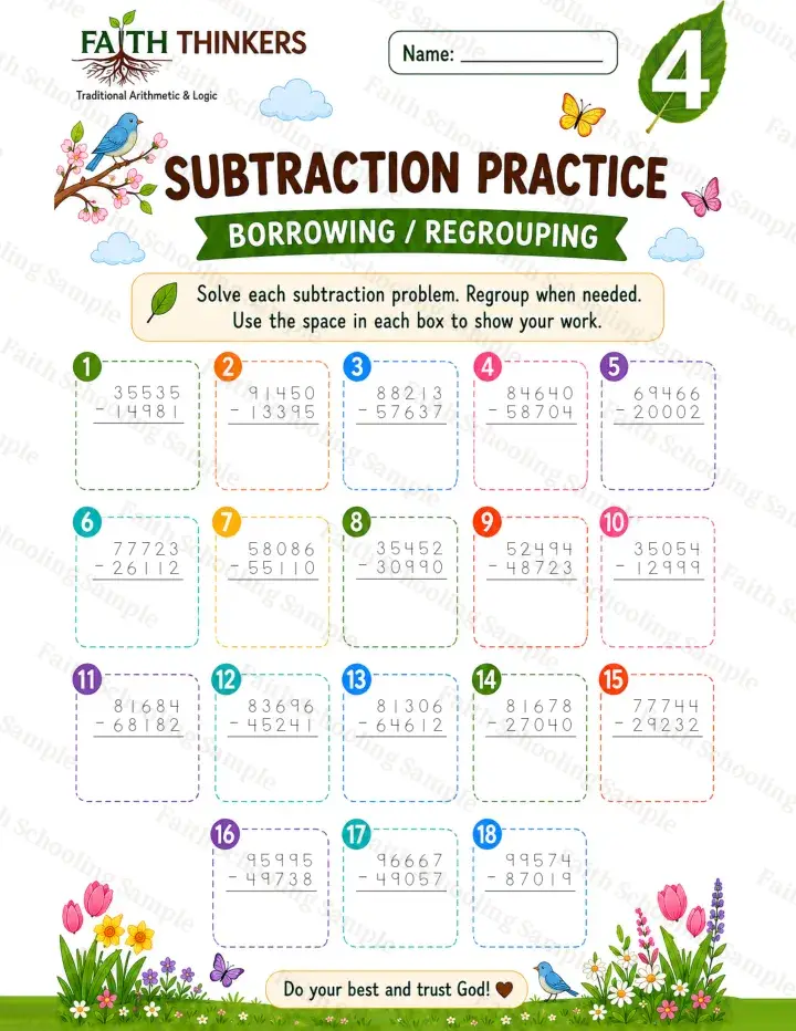 4th Grade math worksheet — Spring Subtraction Practice 2 (free printable)