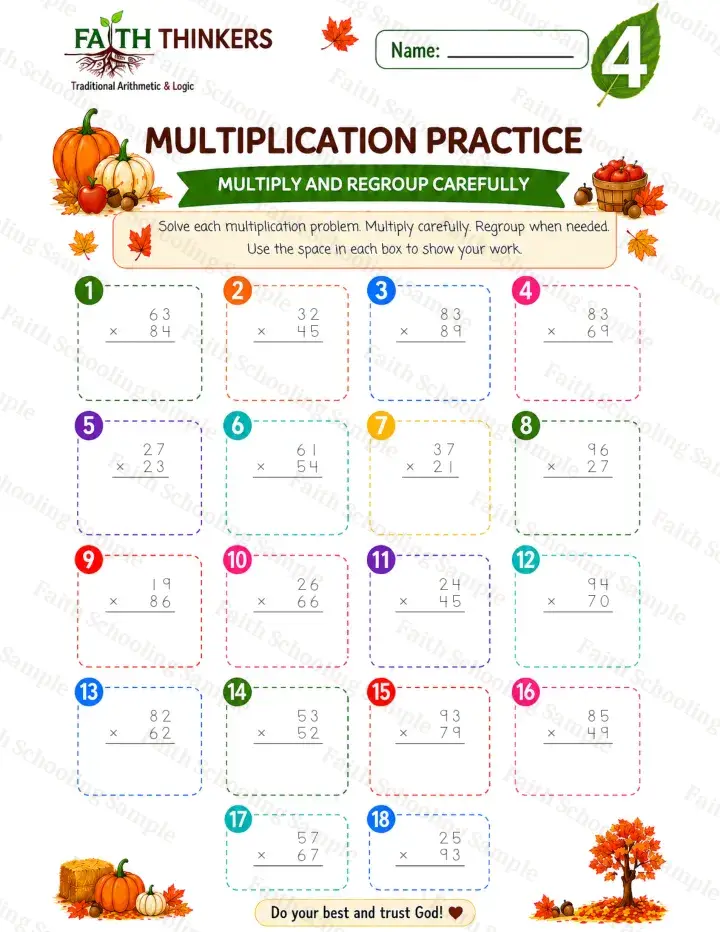 4th Grade math worksheet — Fall Multiplication Practice 3 (free printable)
