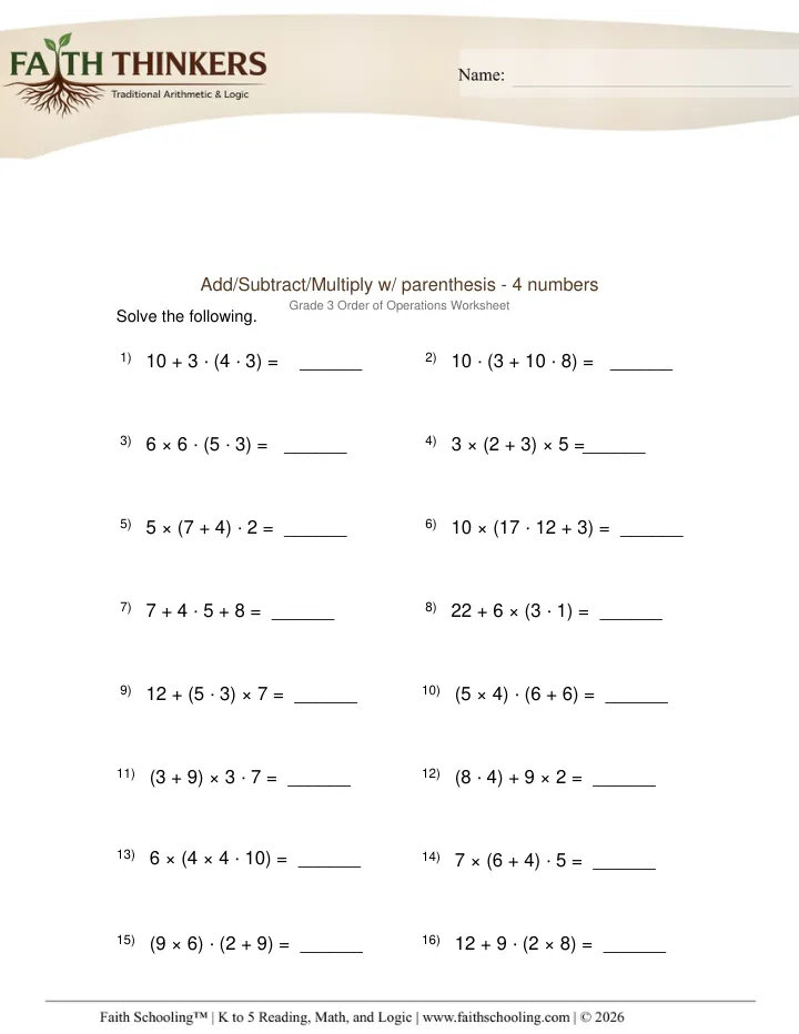 Order Operations worksheet sample