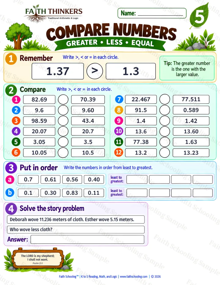 Grade 5 Compare Numbers worksheet preview