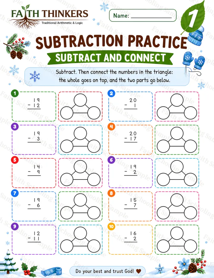Grade 1 Winter Subtract And Connect worksheet preview