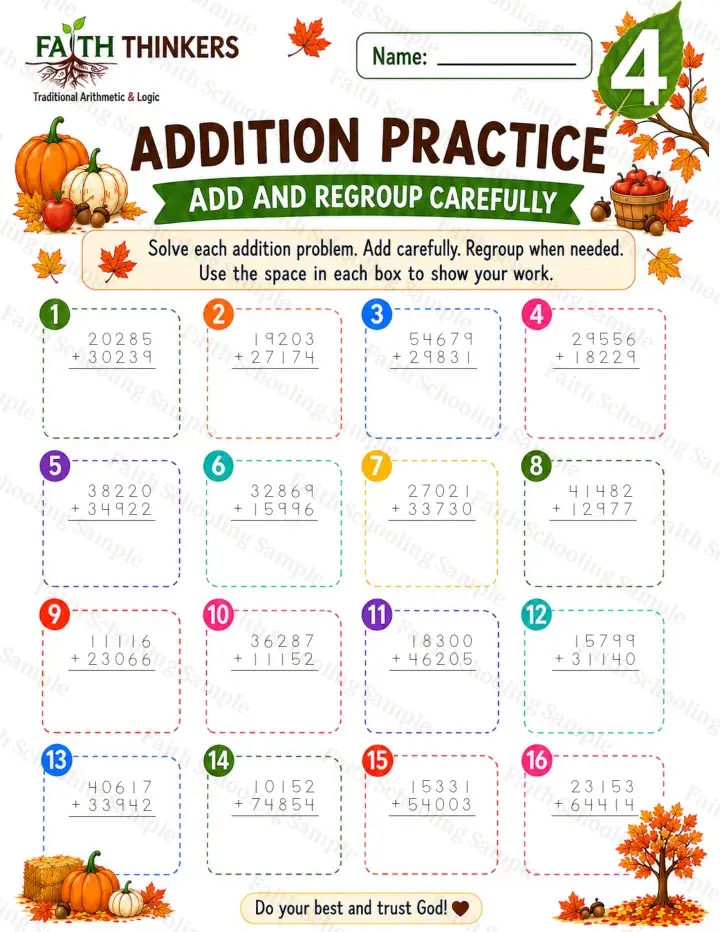 4th Grade math worksheet — Fall Addition Practice 2 (free printable)