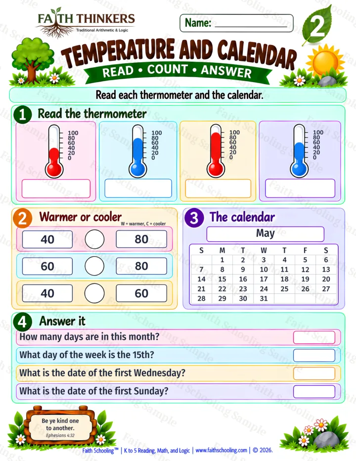 Grade 2 Temperature And Calendar worksheet preview