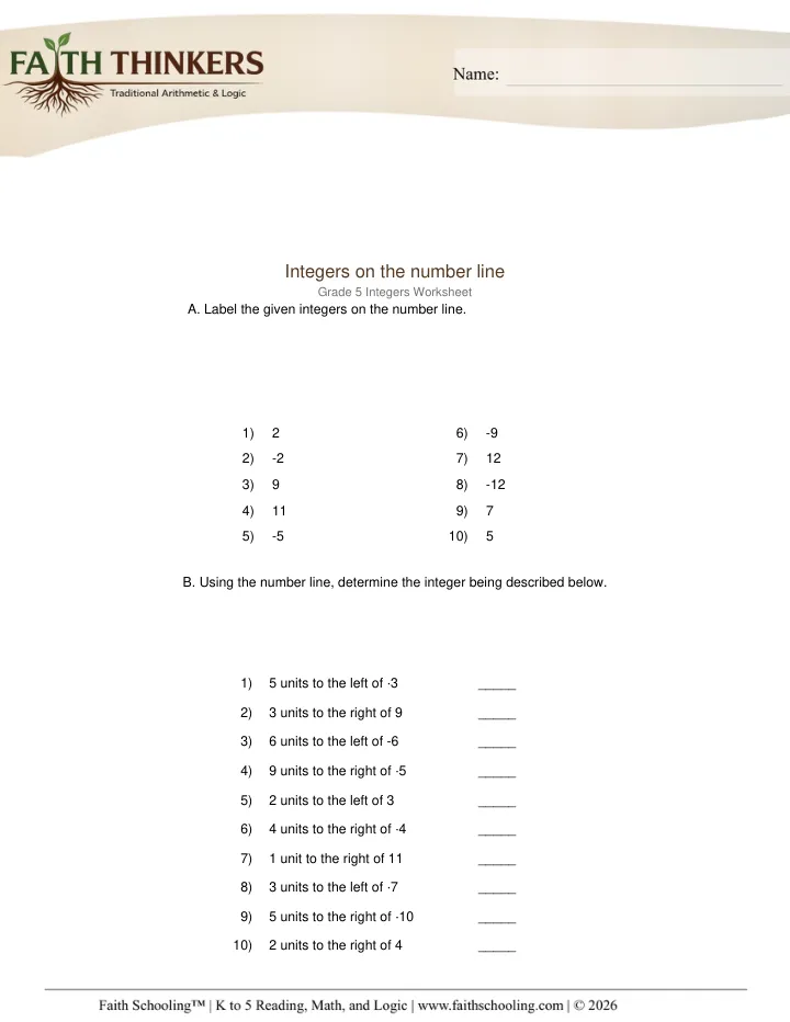 Integers worksheet sample