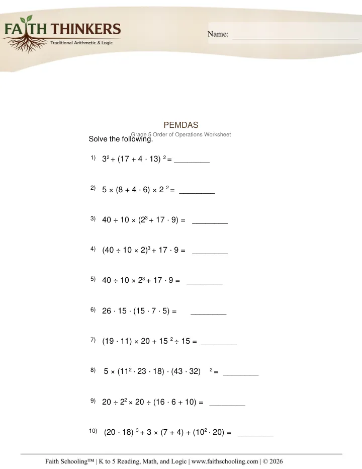 Pemdas worksheet sample