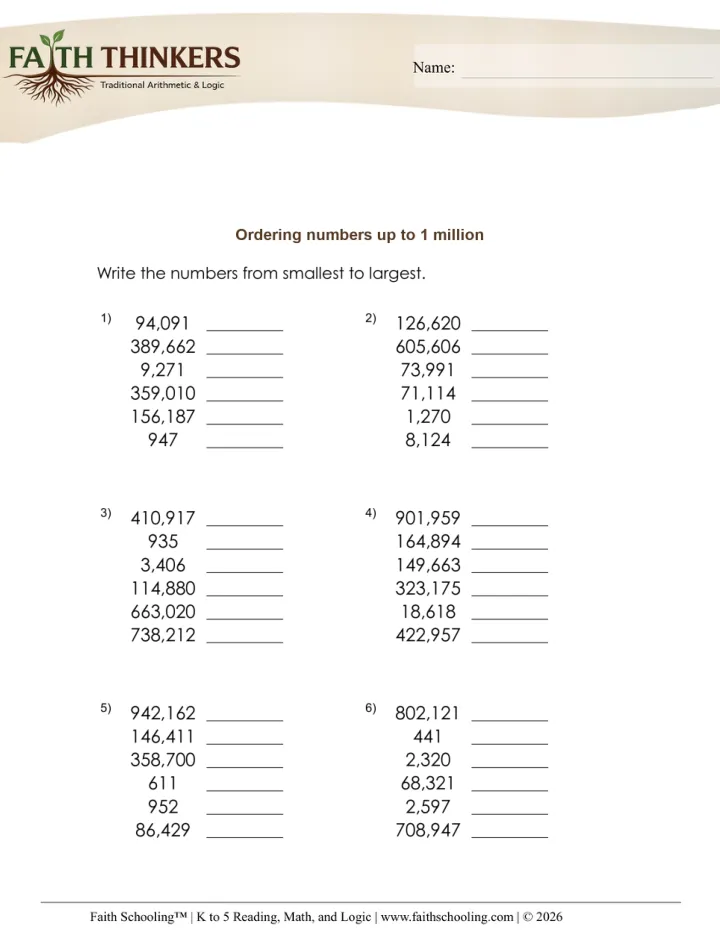 Comparing Ordering Numbers worksheet sample