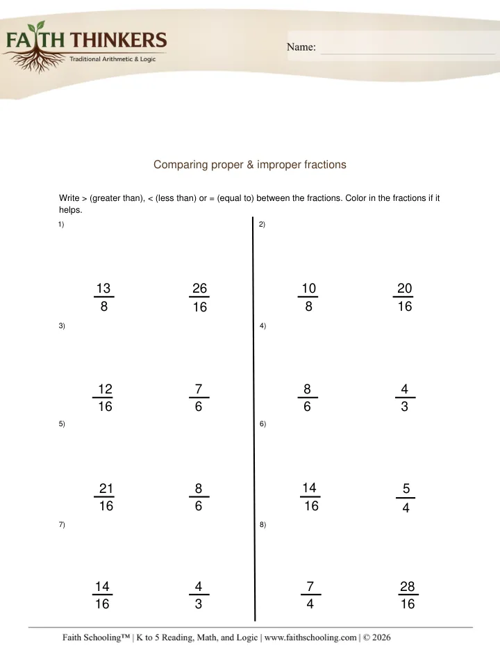 Comparing Ordering Fractions worksheet sample