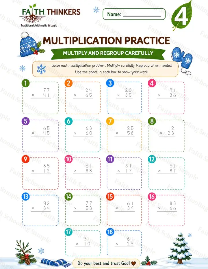 4th Grade math worksheet — Winter Multiplication Practice 3 (free printable)