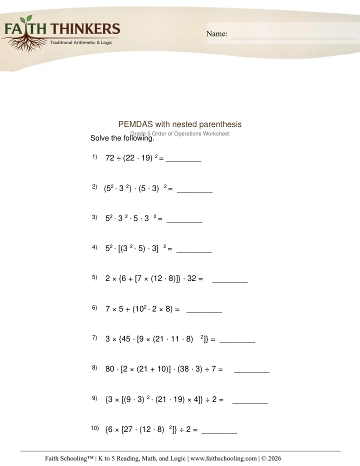 Pemdas Nested worksheet sample
