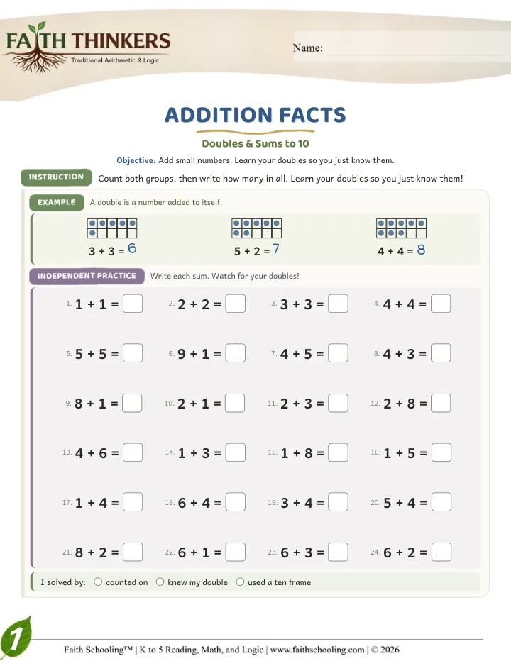 Additionfacts worksheet sample