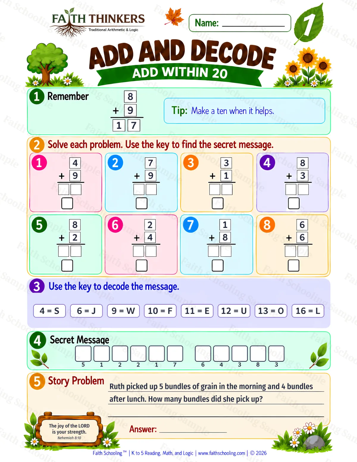 1st Grade math worksheet — Addition Facts Practice 1 (free printable)