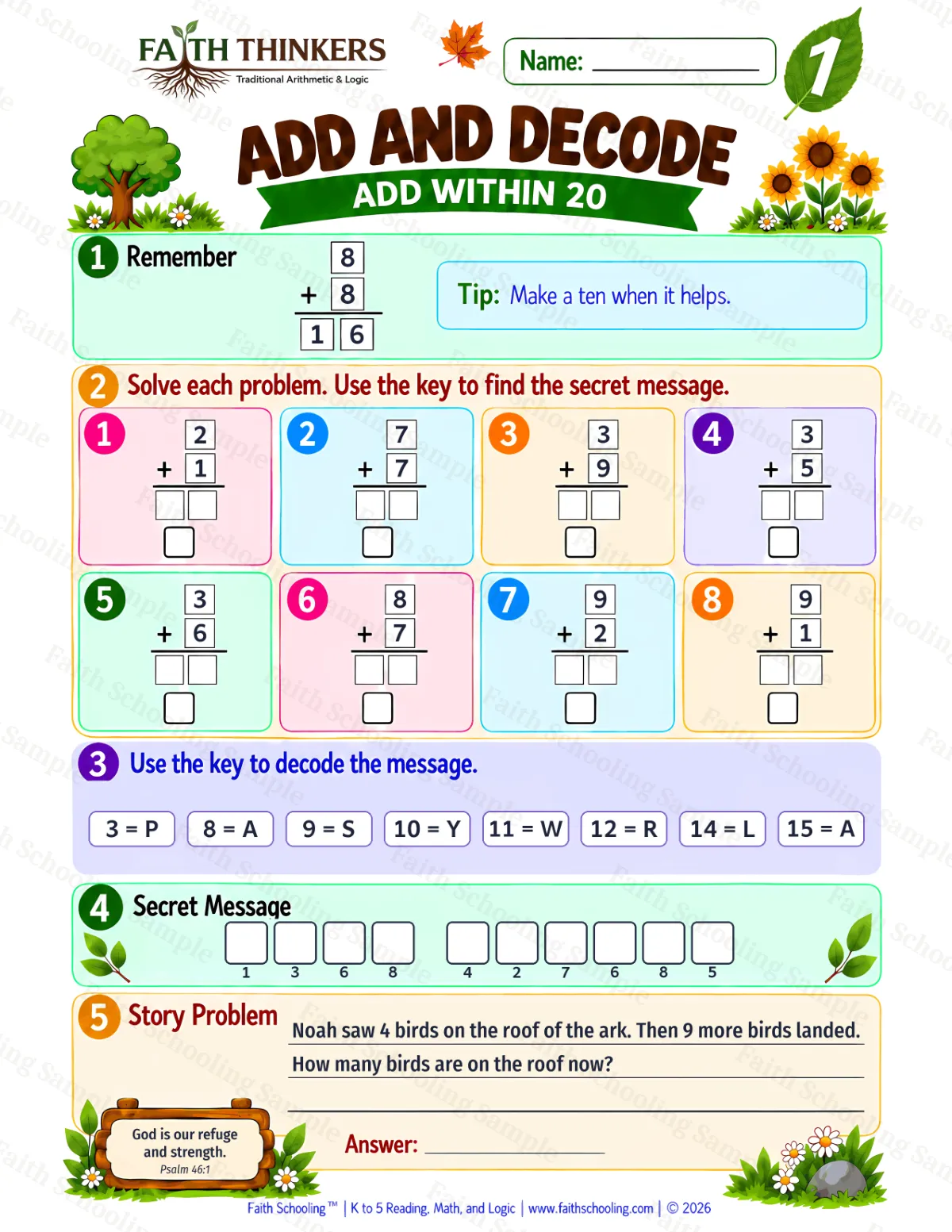 1st Grade math worksheet — Addition Facts Practice 2 (free printable)