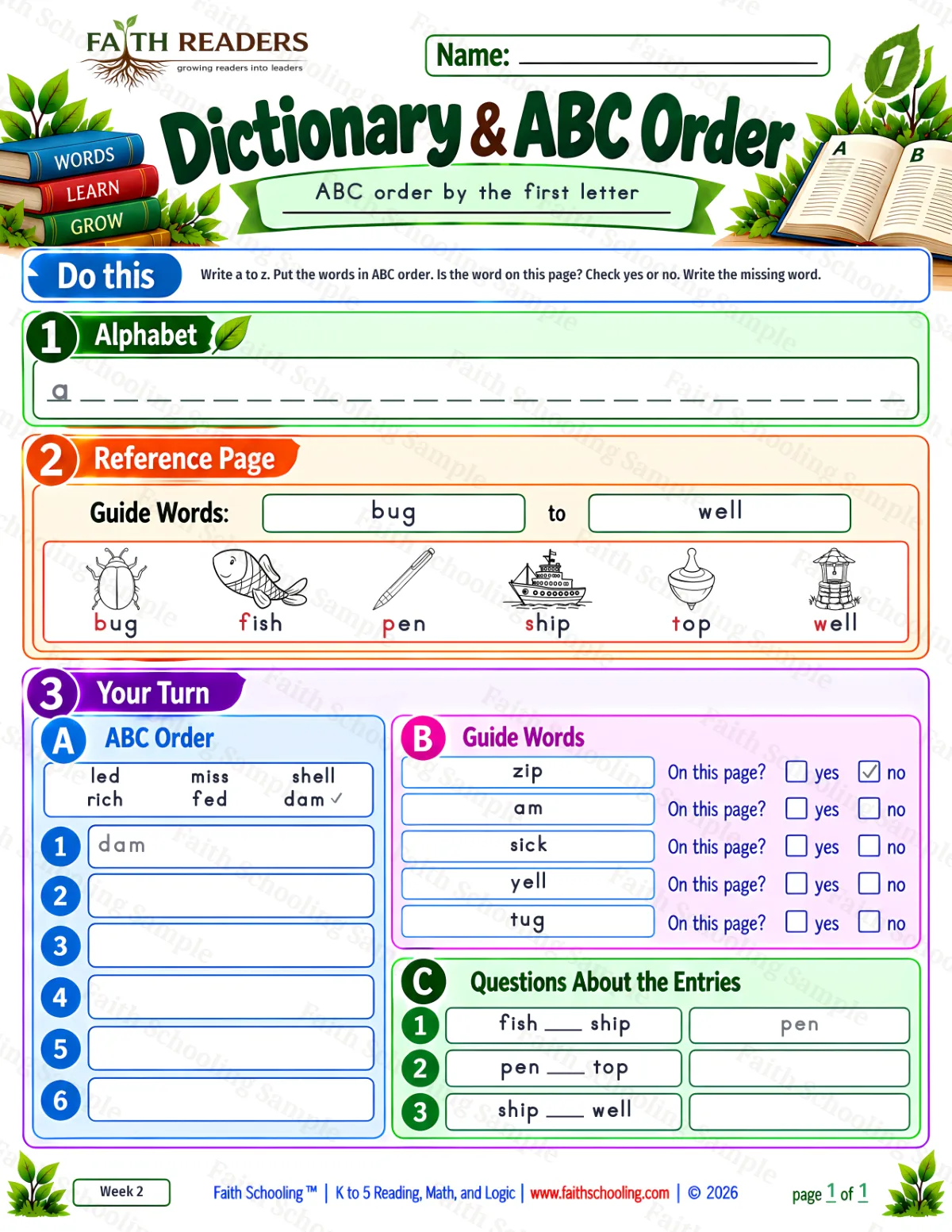 1st Grade phonics worksheet — Alphabetical Order & Picture Dictionary. Dictionary And ABC Order 2: bug, fish, pen and ship (free printable)