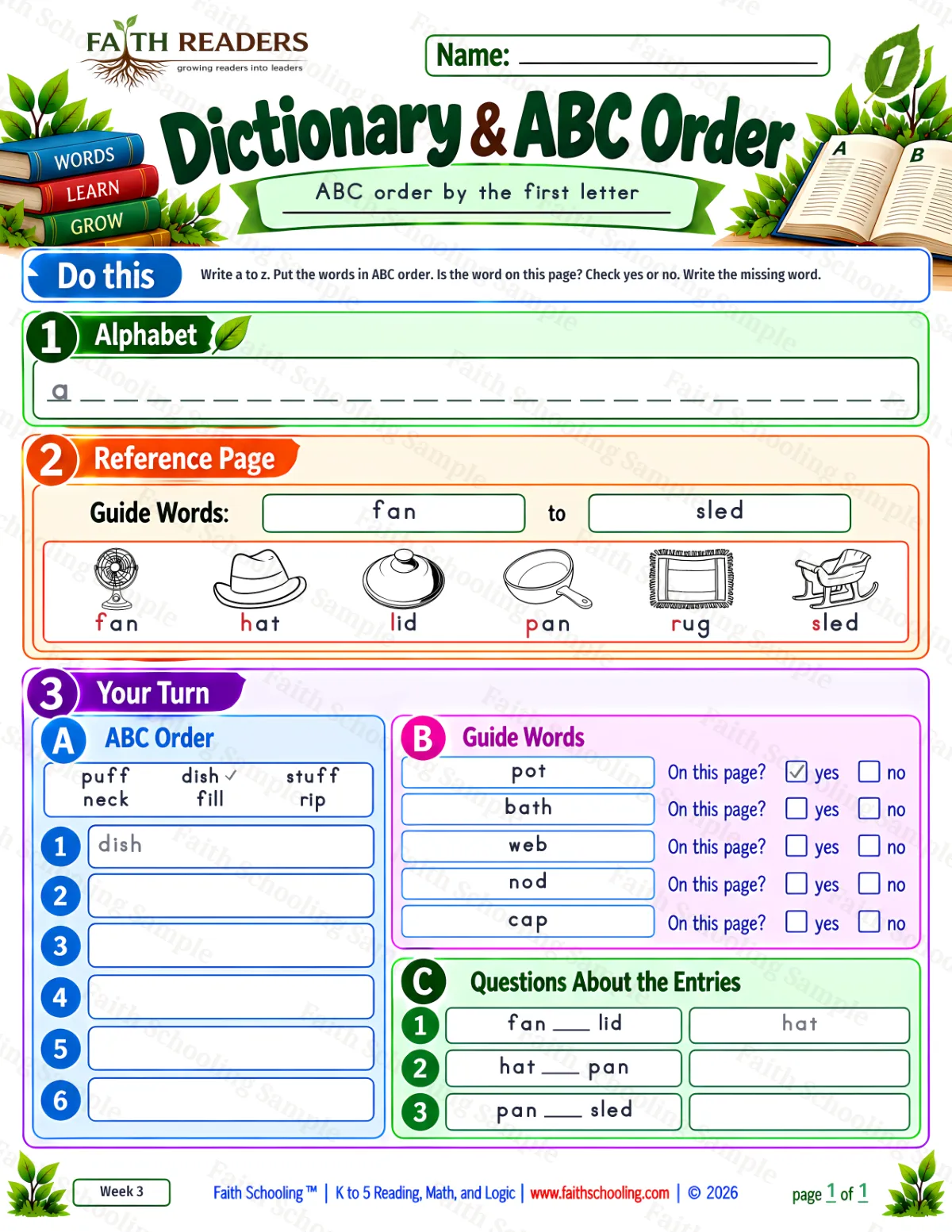 1st Grade phonics worksheet — Alphabetical Order & Picture Dictionary. Dictionary And ABC Order 3: fan, hat, lid and pan (free printable)