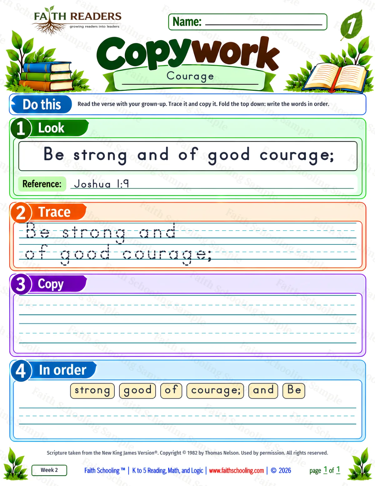1st Grade grammar & writing worksheet — Copywork 1: Joshua 1:9 (Courage) (free printable)