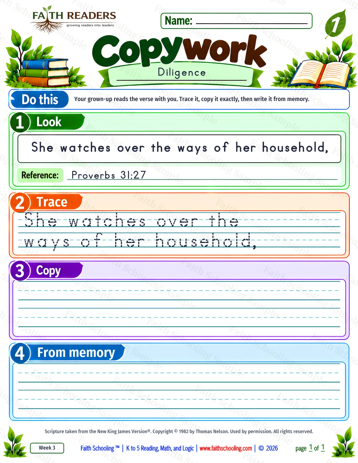 1st Grade grammar & writing worksheet — Copywork 2: Proverbs 31:27 (Diligence) (free printable)