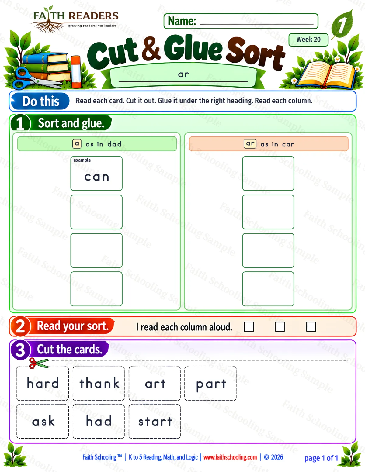 1st Grade phonics worksheet — Bossy R (r-controlled vowels). Cut And Glue Sort 1: a and ar (free printable)
