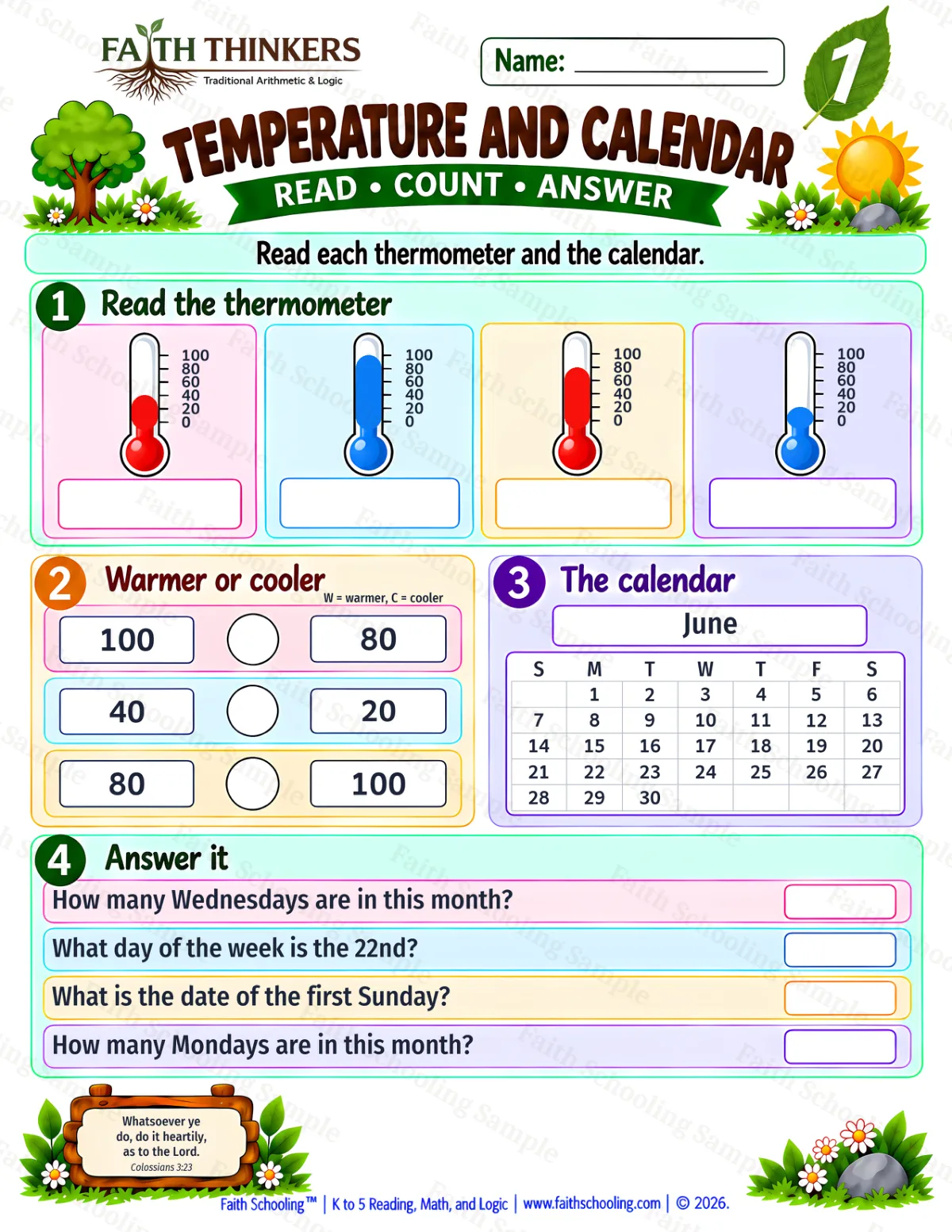 1st Grade math worksheet — Calendar and Temperature Practice 1 (free printable)
