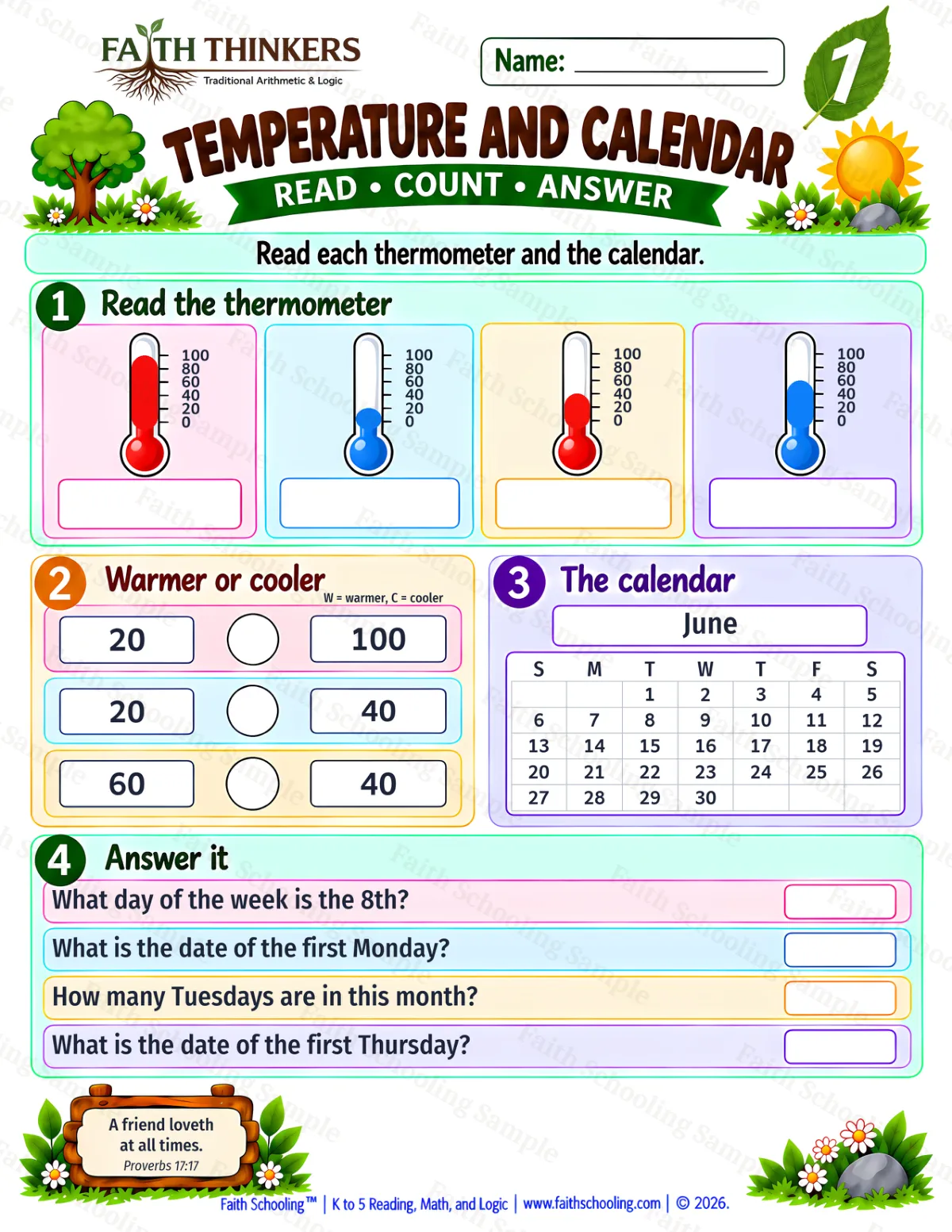 1st Grade math worksheet — Calendar and Temperature Practice 2 (free printable)
