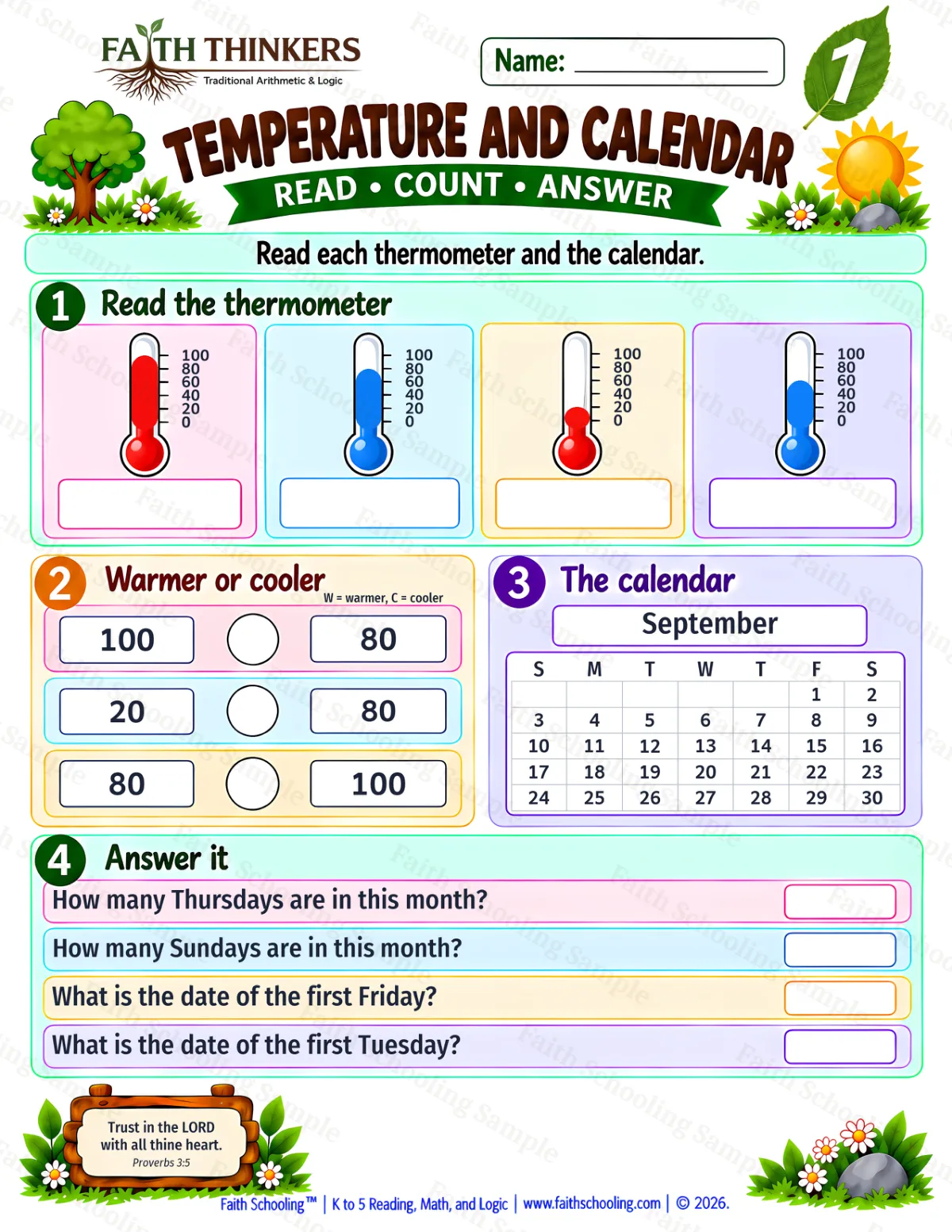 1st Grade math worksheet — Calendar and Temperature Practice 3 (free printable)