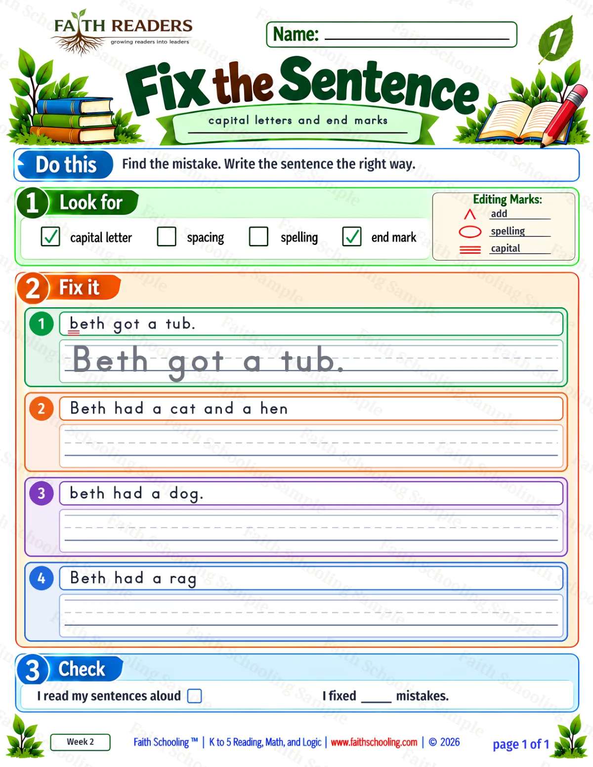 1st Grade grammar & writing worksheet — Capitalization and Punctuation. Fix The Sentence 2: capital letters and end marks (free printable)
