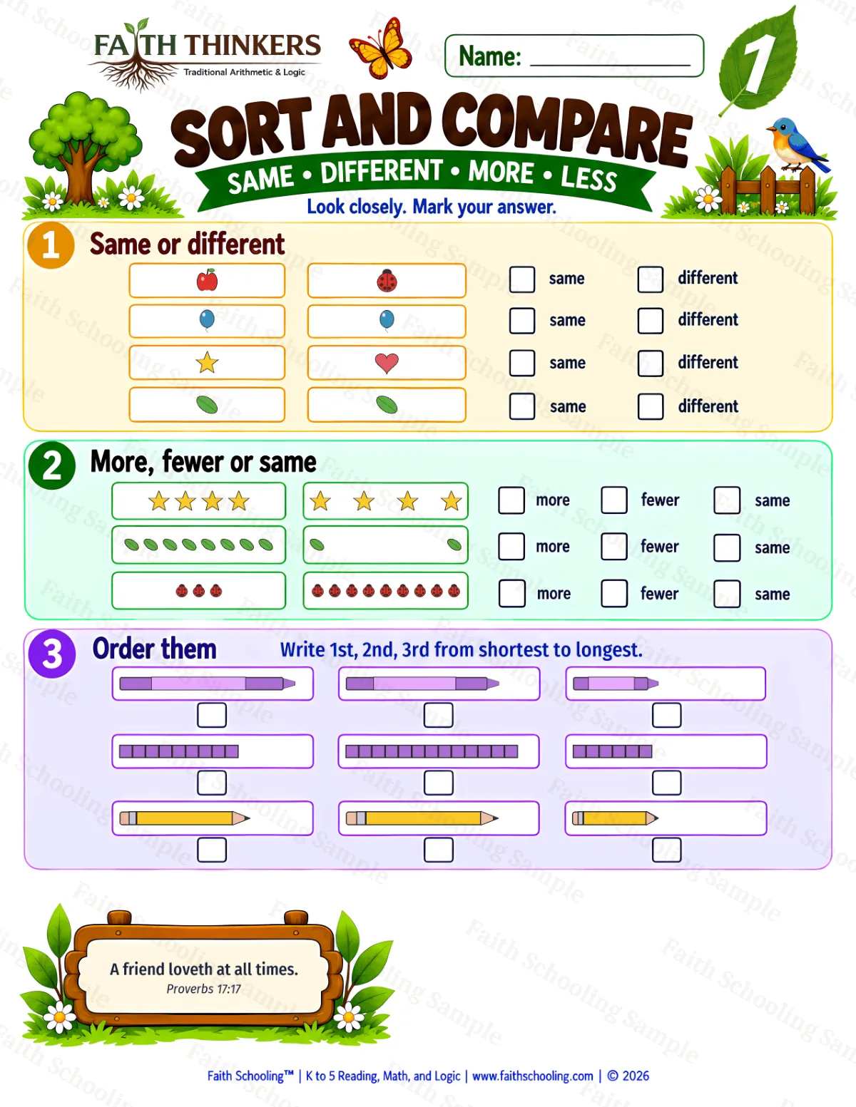 1st Grade math worksheet — Comparing and Ordering Sizes Practice 1 (free printable)