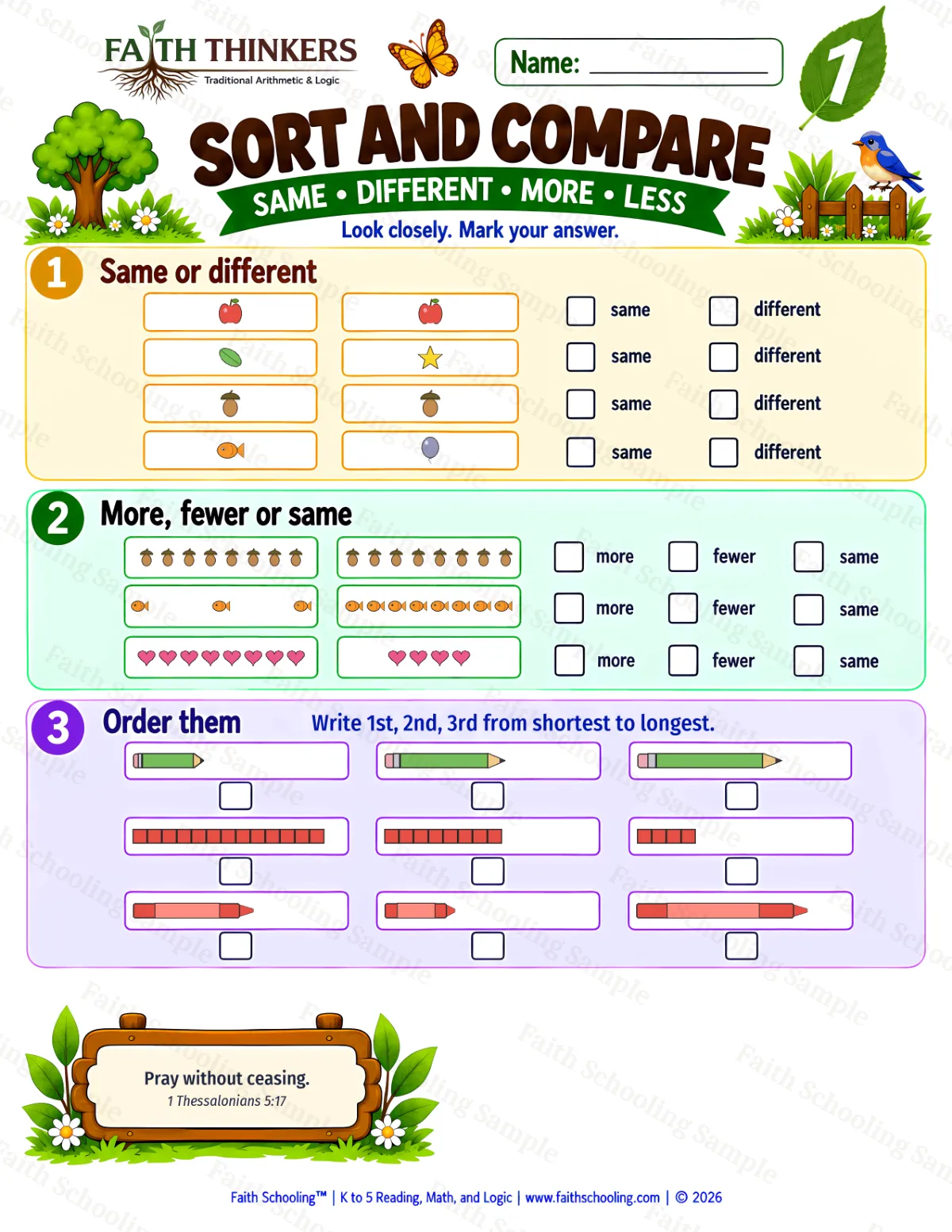 1st Grade math worksheet — Comparing and Ordering Sizes Practice 2 (free printable)