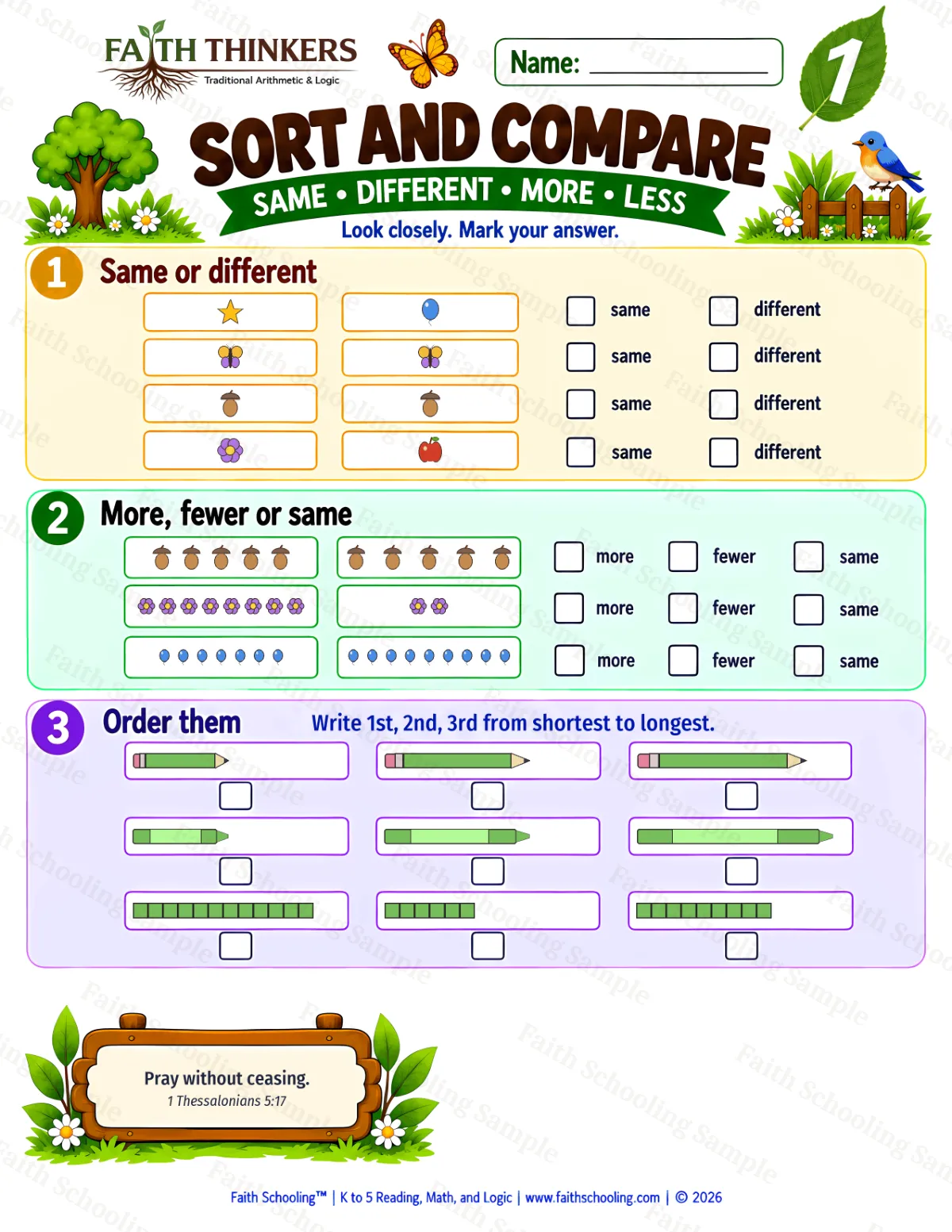 1st Grade math worksheet — Comparing and Ordering Sizes Practice 3 (free printable)