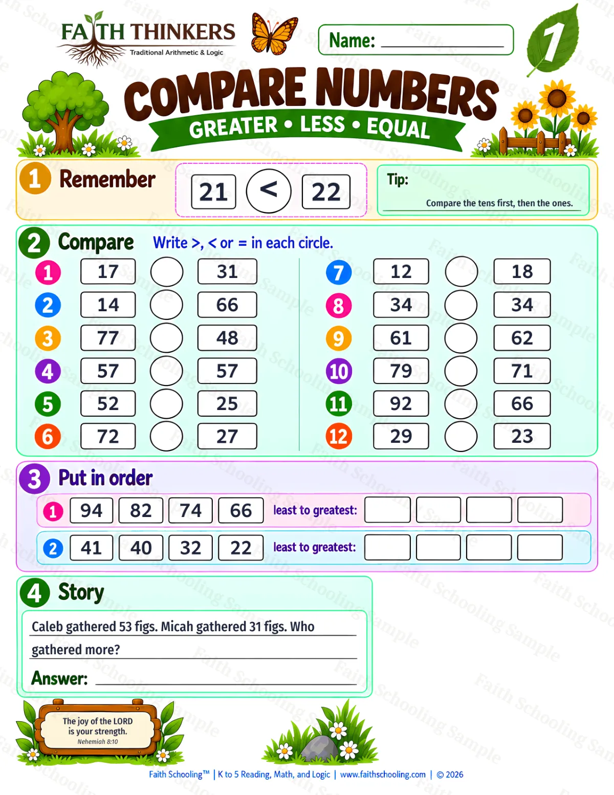 1st Grade math worksheet — Comparing Numbers Practice 1 (free printable)