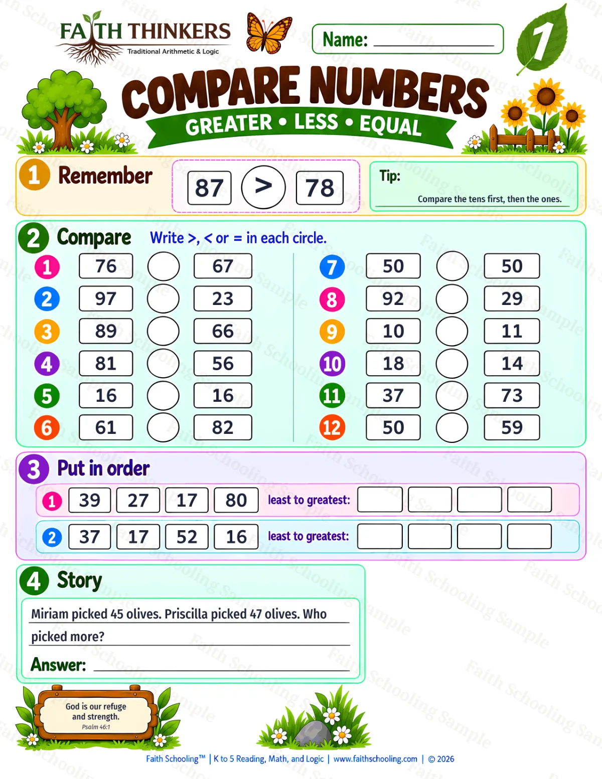 1st Grade math worksheet — Comparing Numbers Practice 3 (free printable)