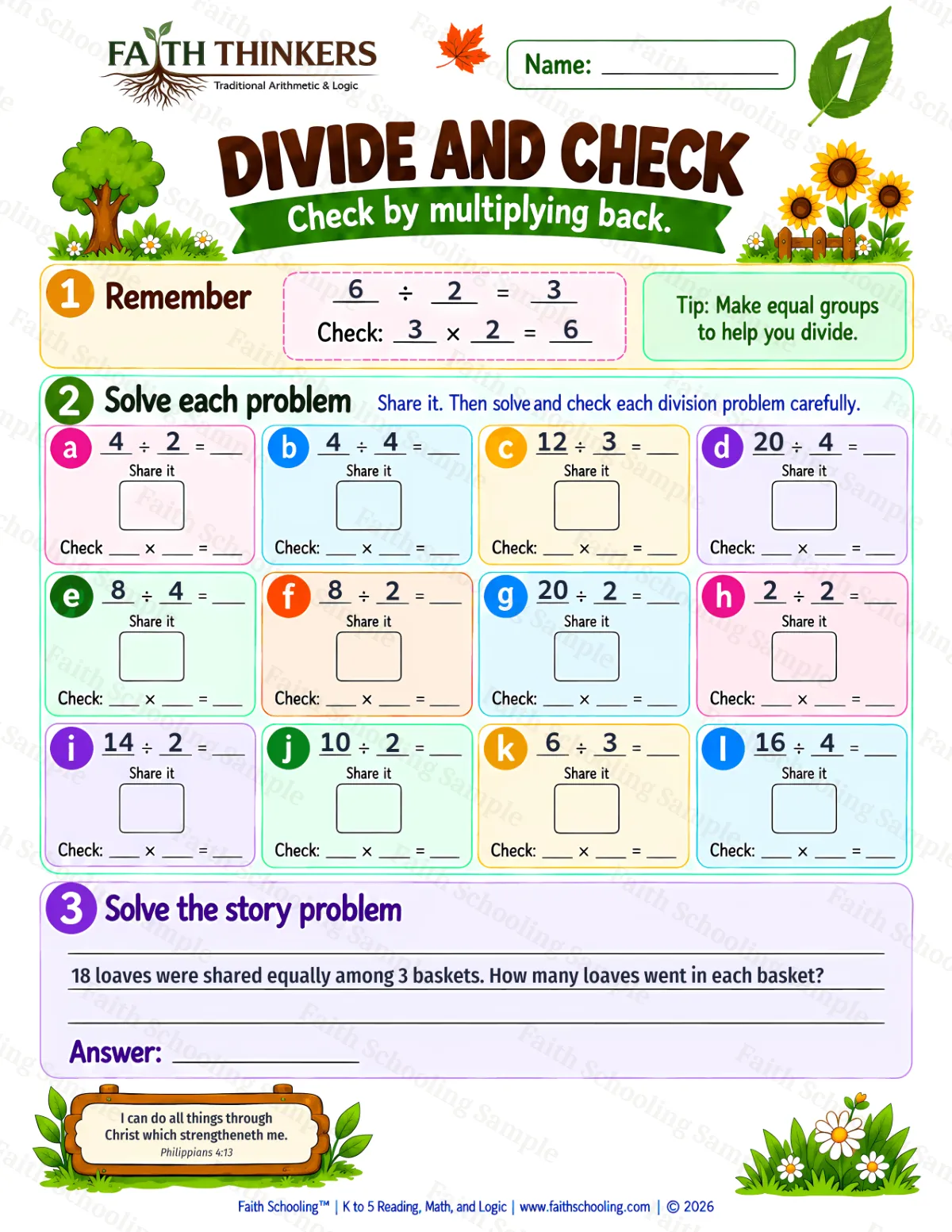 1st Grade math worksheet — Division as Equal Groups Practice 1 (free printable)
