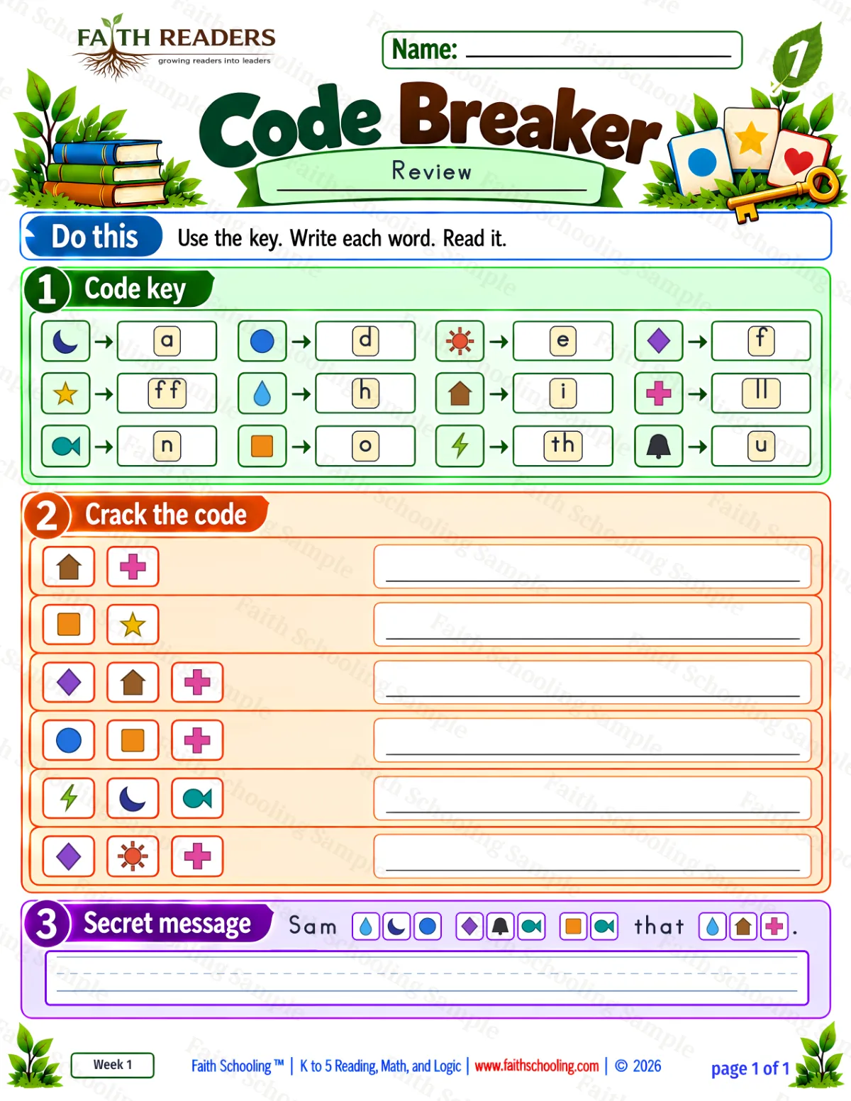 1st Grade phonics worksheet — Double Letters. Code Breaker 1: ill, off, fill and doll (free printable)