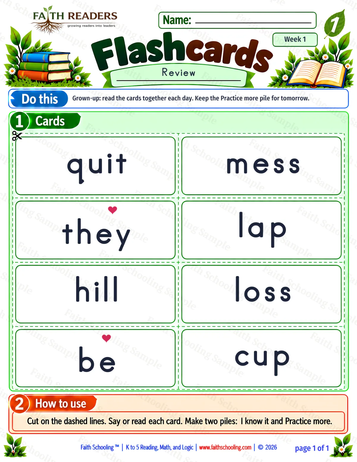 1st Grade phonics worksheet — Double Letters. Flashcards 1: cup, lap, quit and mess (free printable)
