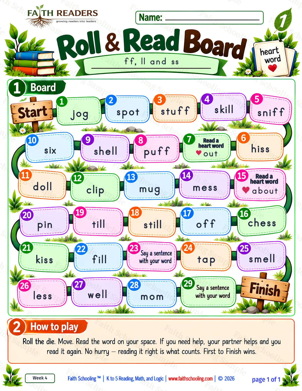 1st Grade phonics worksheet — Double Letters. Roll And Read 1: well, mess, skill and hiss (free printable)