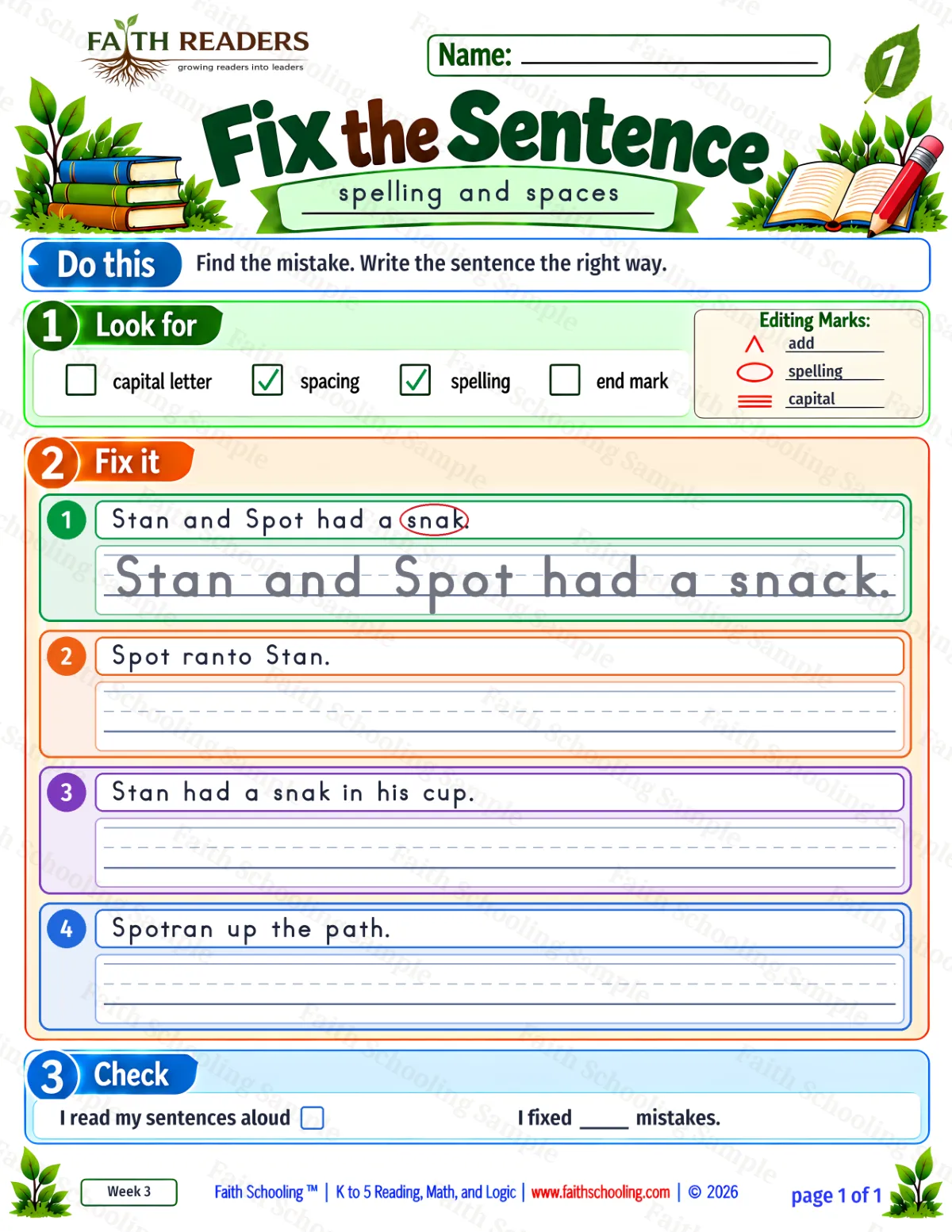 1st Grade grammar & writing worksheet — Edit and Repair. Fix The Sentence 1: spelling and space (free printable)