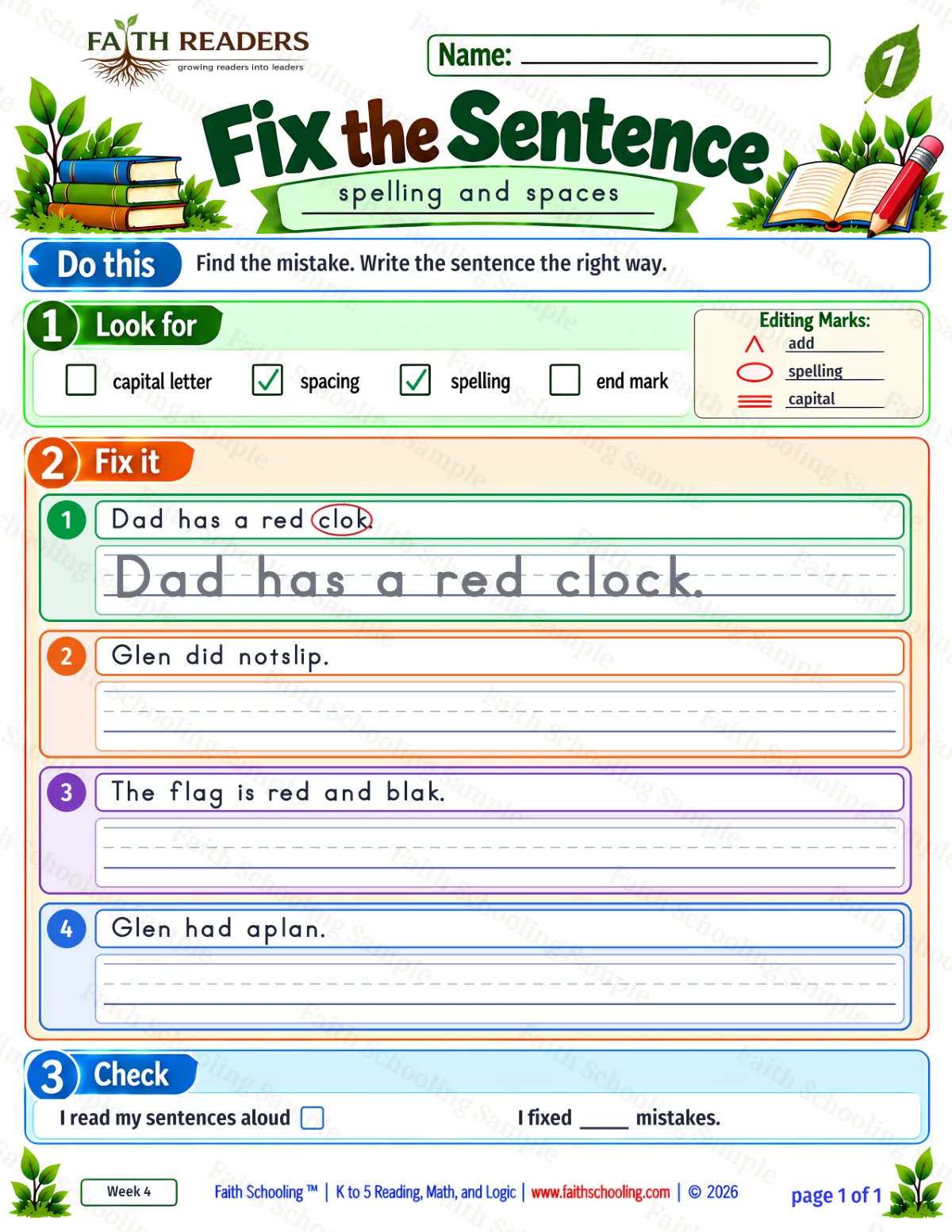 1st Grade grammar & writing worksheet — Edit and Repair. Fix The Sentence 3: spelling and space (free printable)