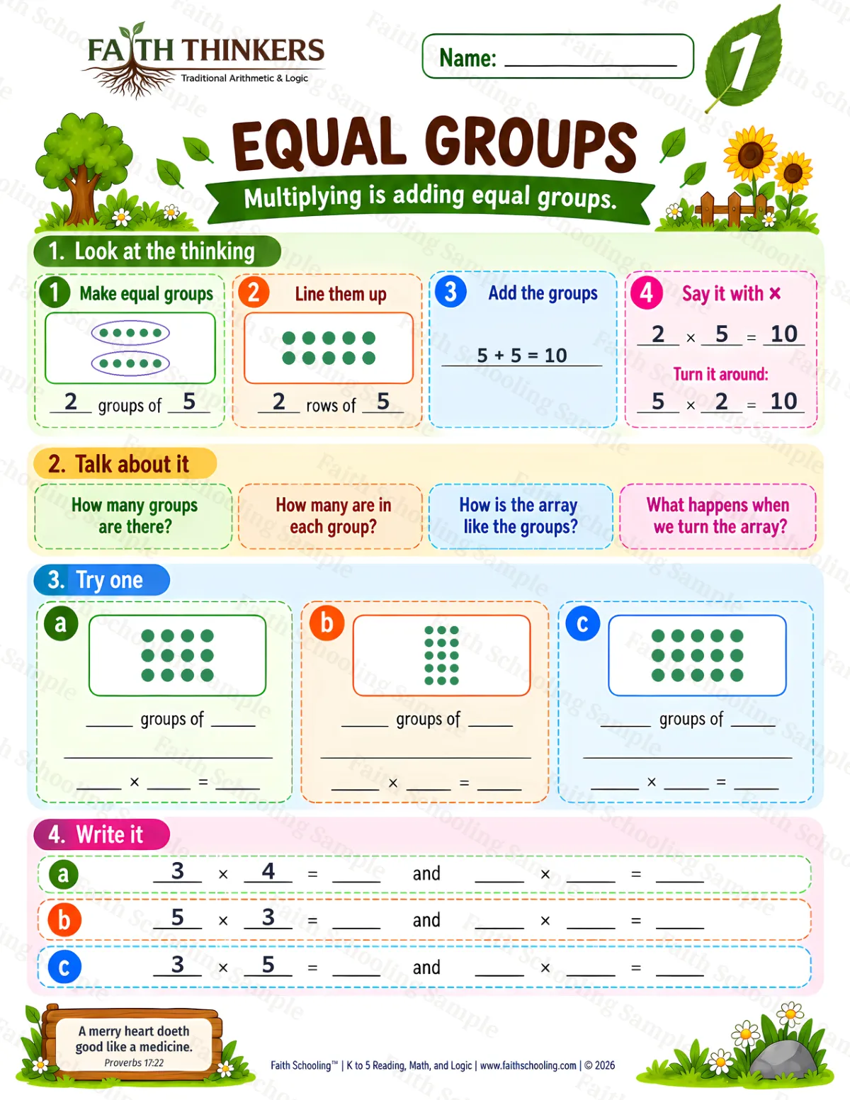 1st Grade math worksheet — Equal Groups Practice 1 (free printable)