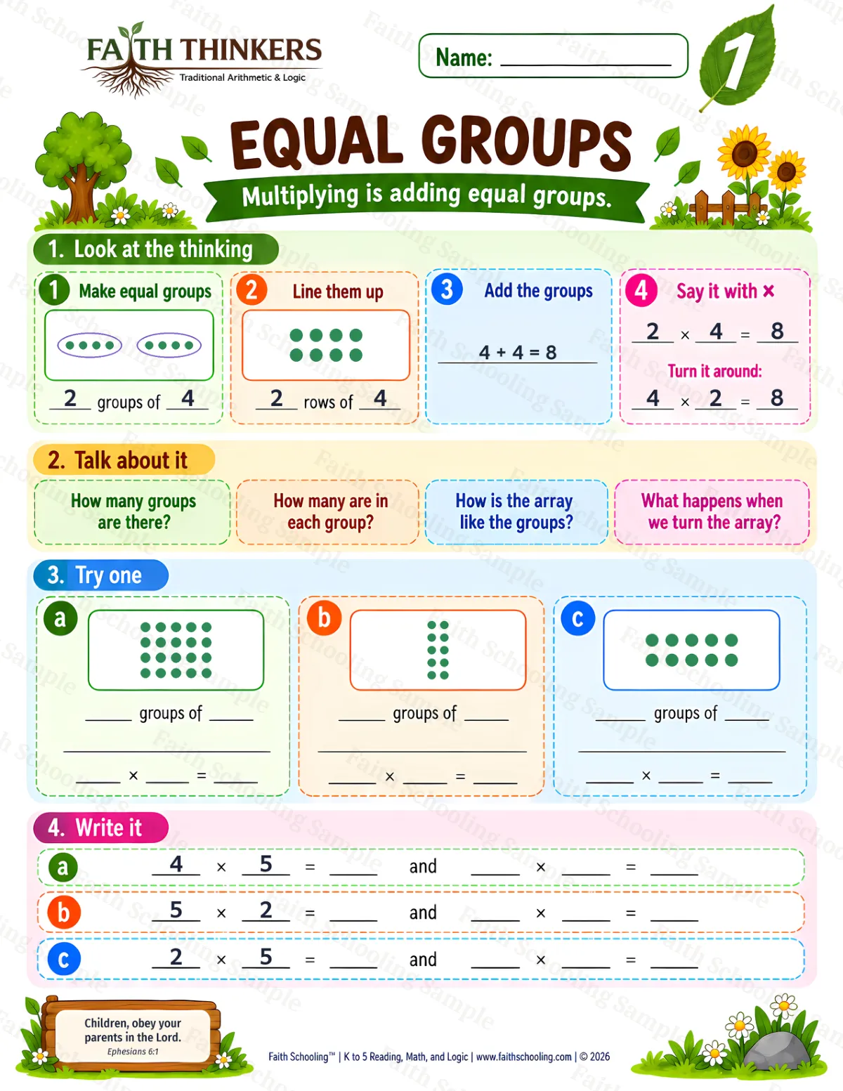 1st Grade math worksheet — Equal Groups Practice 2 (free printable)