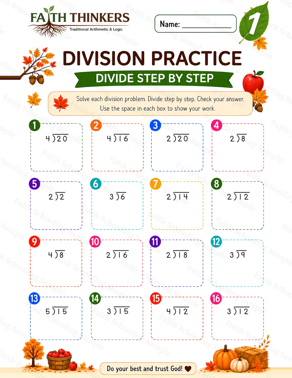 1st Grade math worksheet — Fall Division Practice 2 (free printable)