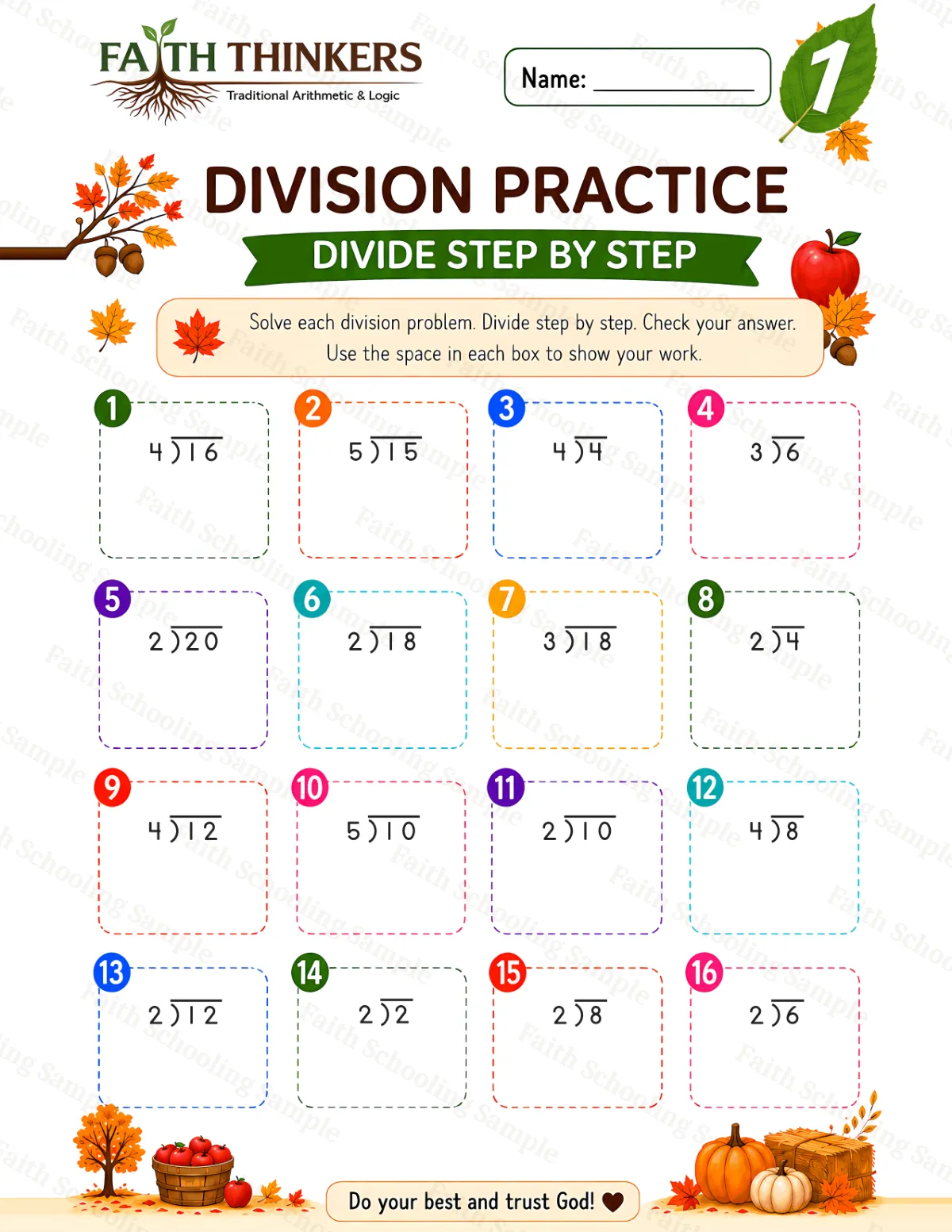 1st Grade math worksheet — Fall Division Practice 3 (free printable)