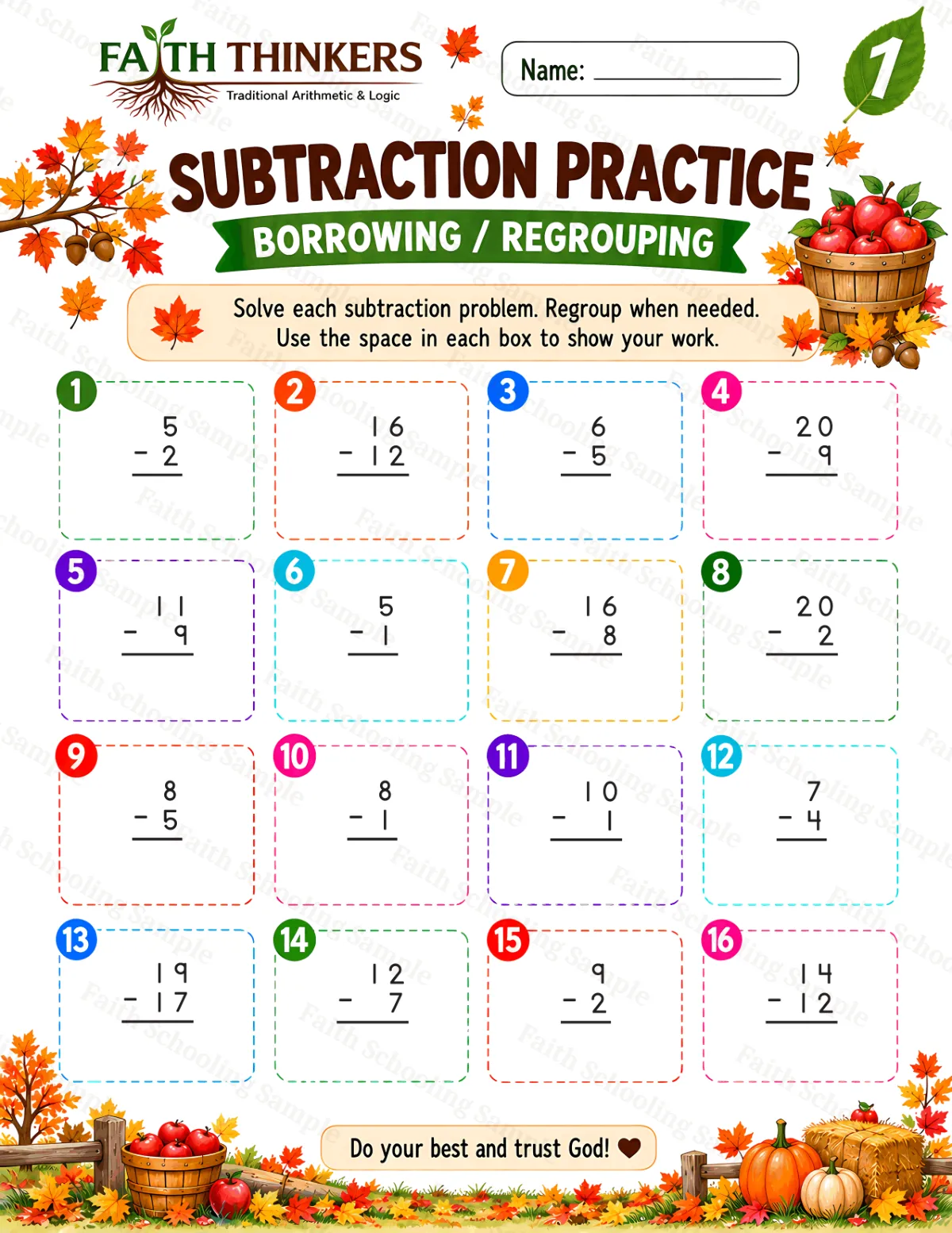 1st Grade math worksheet — Fall Subtraction Practice 1 (free printable)