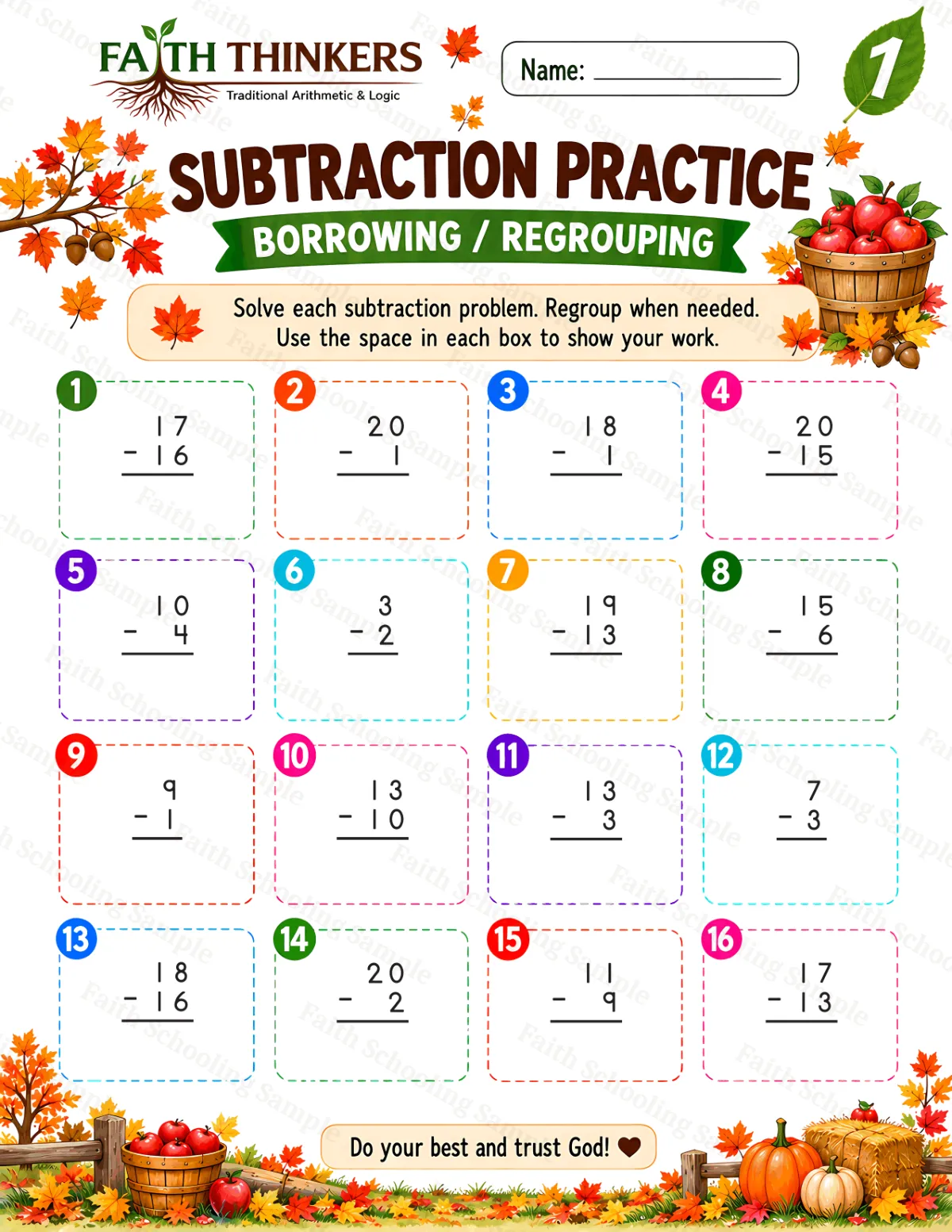 1st Grade math worksheet — Fall Subtraction Practice 2 (free printable)