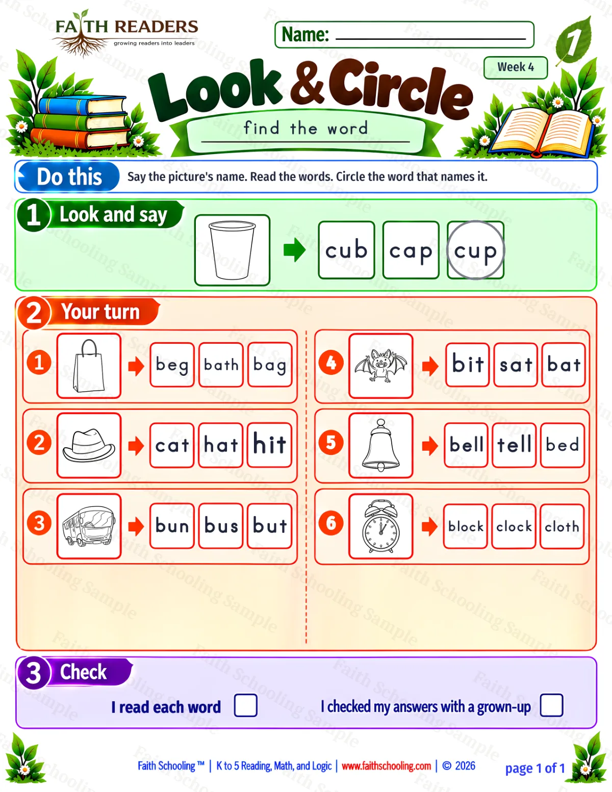 1st Grade phonics worksheet — Find & Circle Words. Look And Circle 1: bag, hat, bus and bat (free printable)