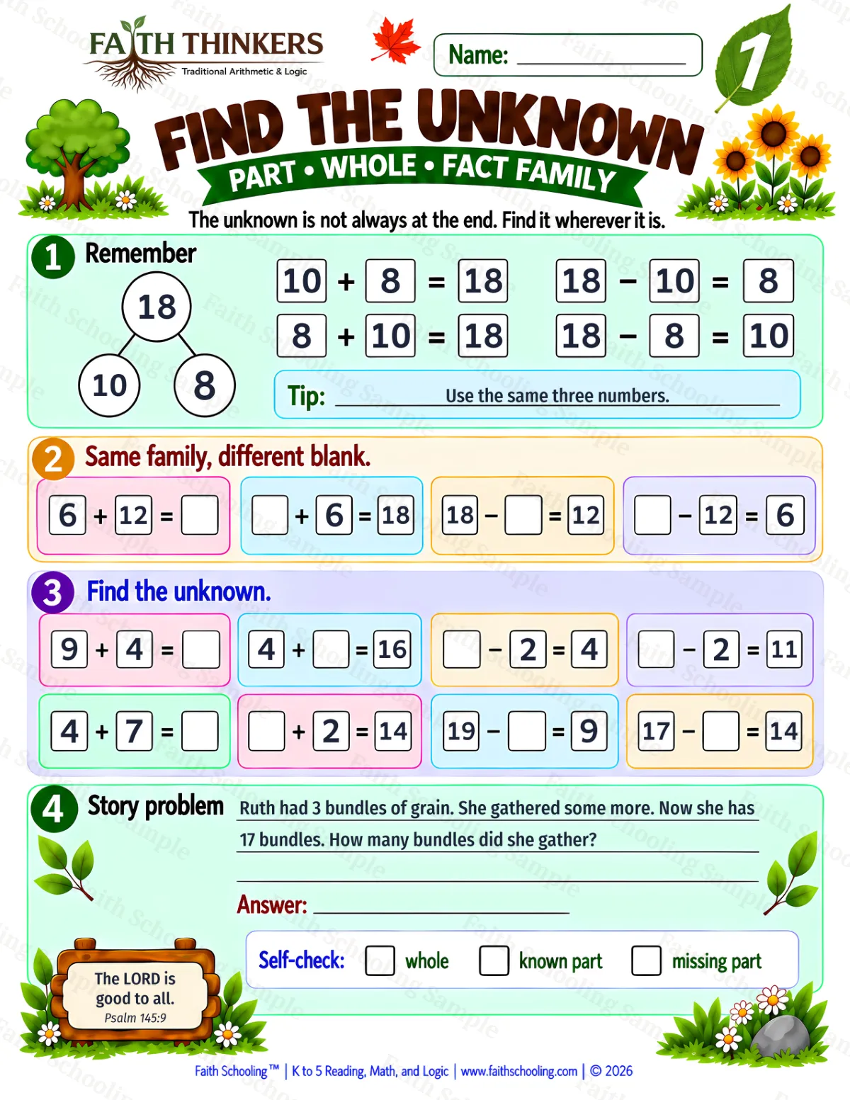 1st Grade math worksheet — Find The Unknown Practice 2 (free printable)