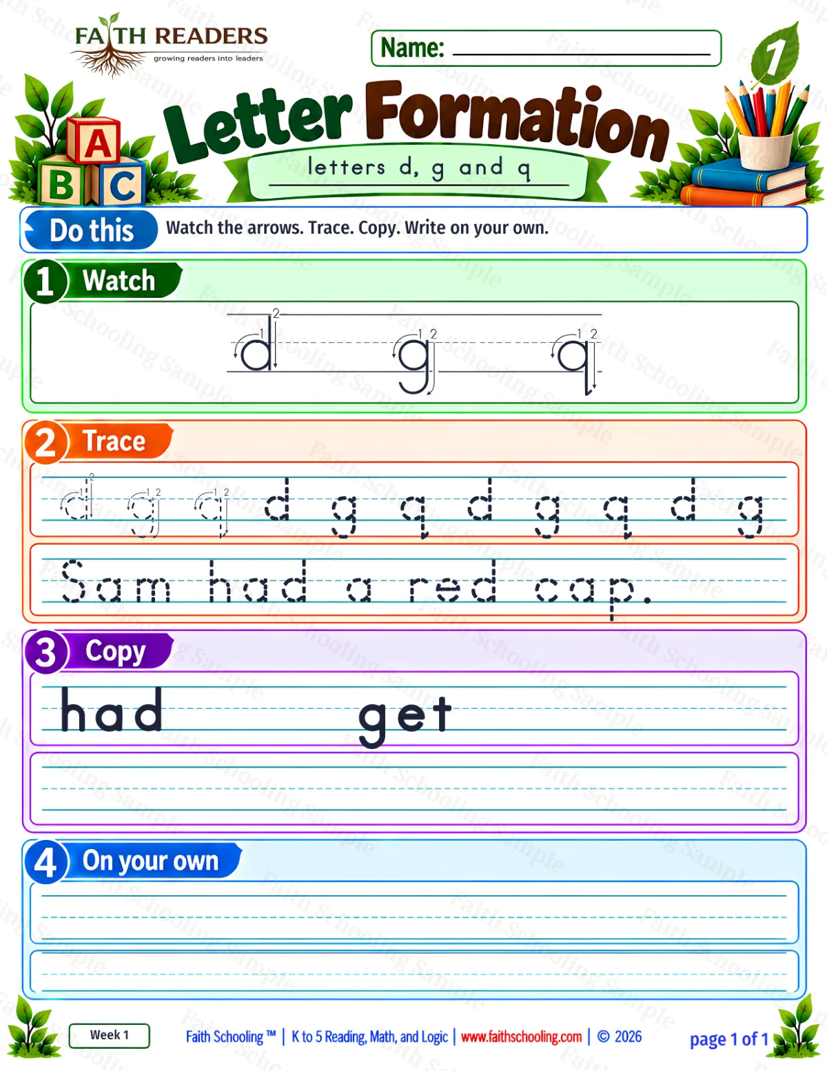 1st Grade grammar & writing worksheet — Letter Formation 1: d, g and q (free printable)