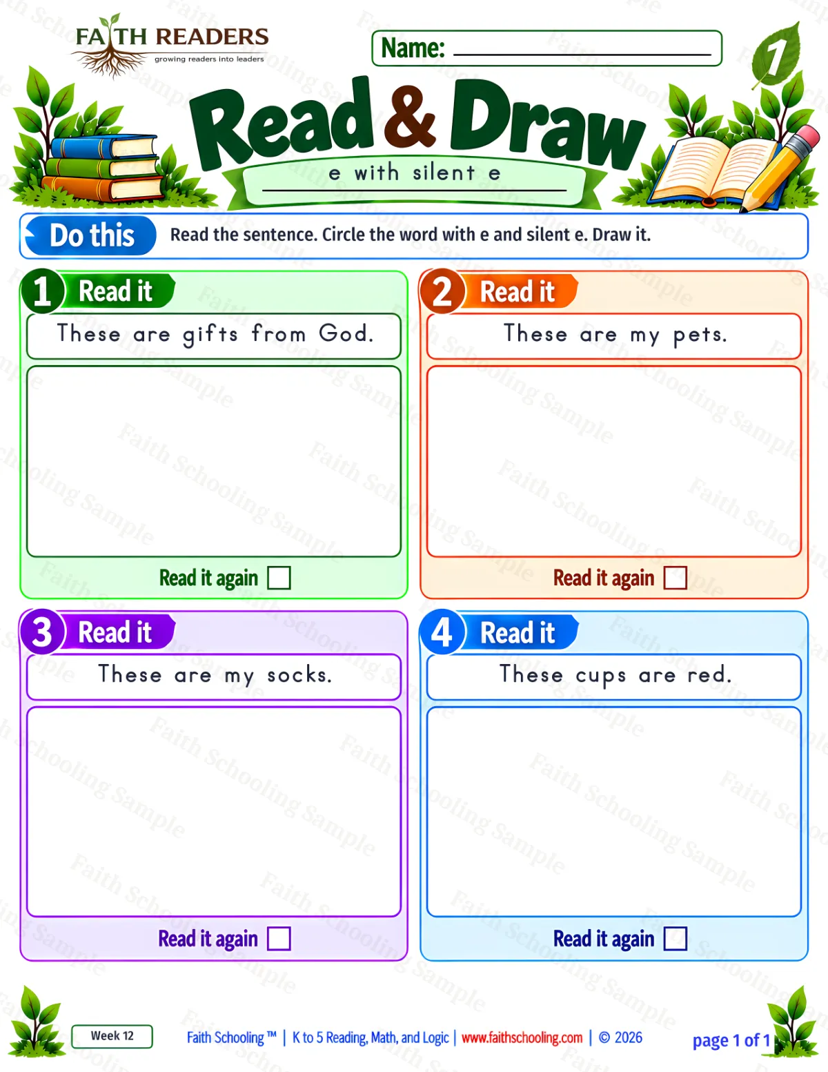 1st Grade phonics worksheet — Magic E: e-e. Read And Draw 1: These are gifts from God. (free printable)