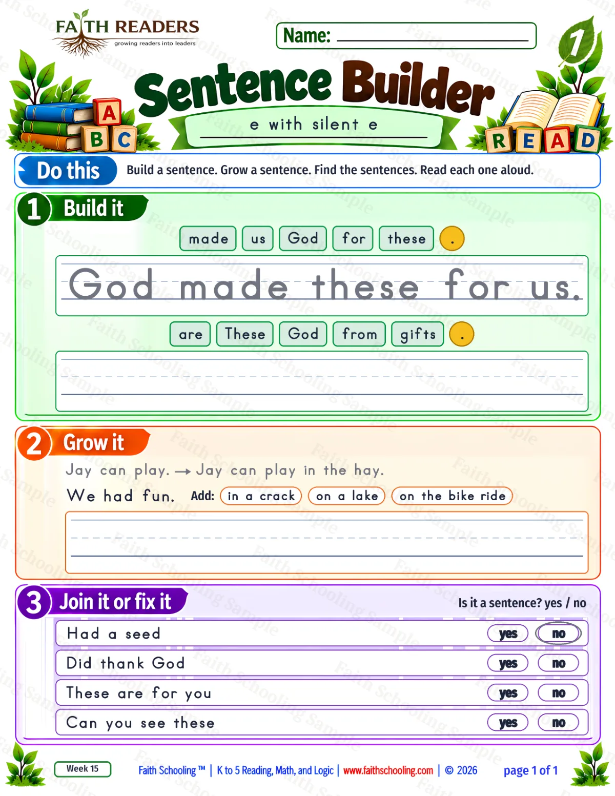 1st Grade phonics worksheet — Magic E: e-e. Sentence Builder 1: God made these for us. (free printable)