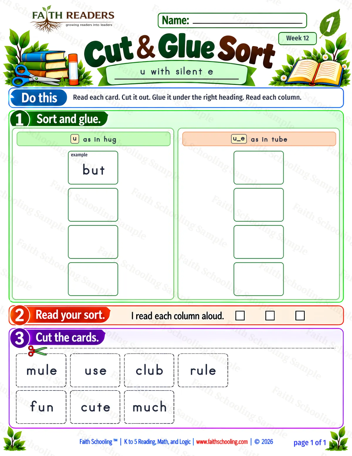1st Grade phonics worksheet — Cut And Glue Sort 1: u and u_e (free printable)