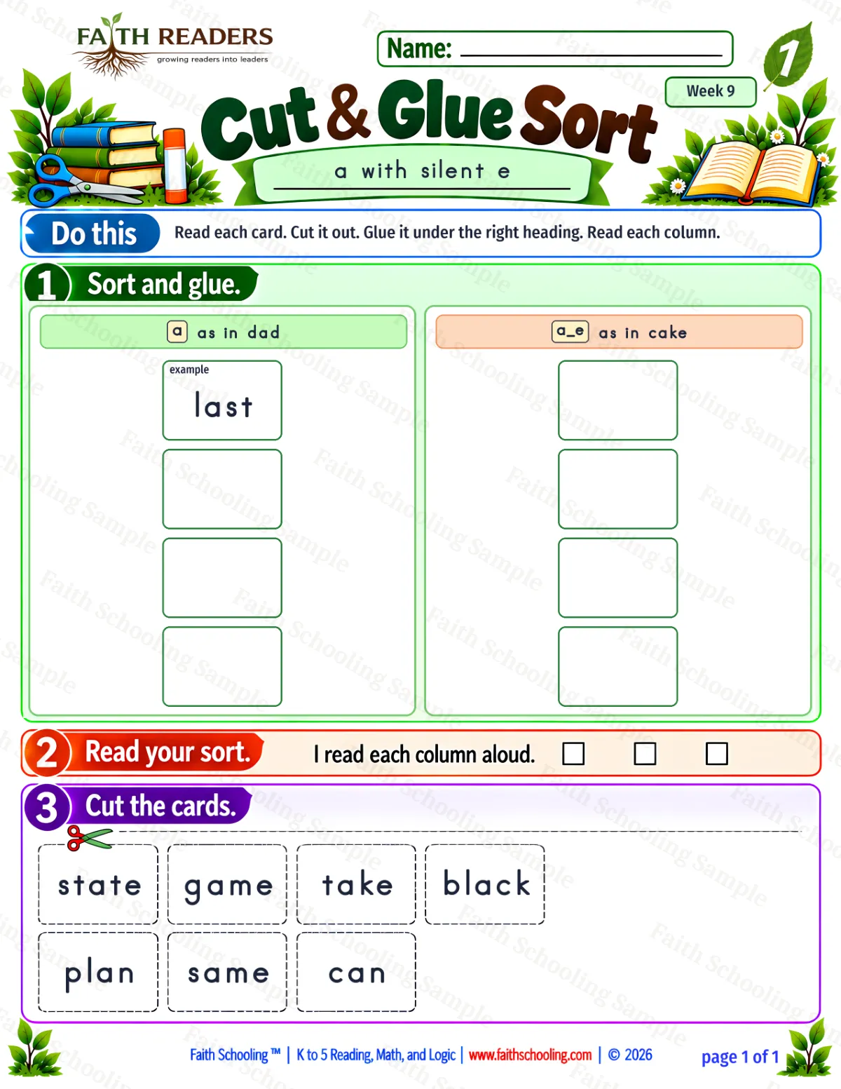 1st Grade phonics worksheet — Magic E. Cut And Glue Sort 1: a and a_e (free printable)