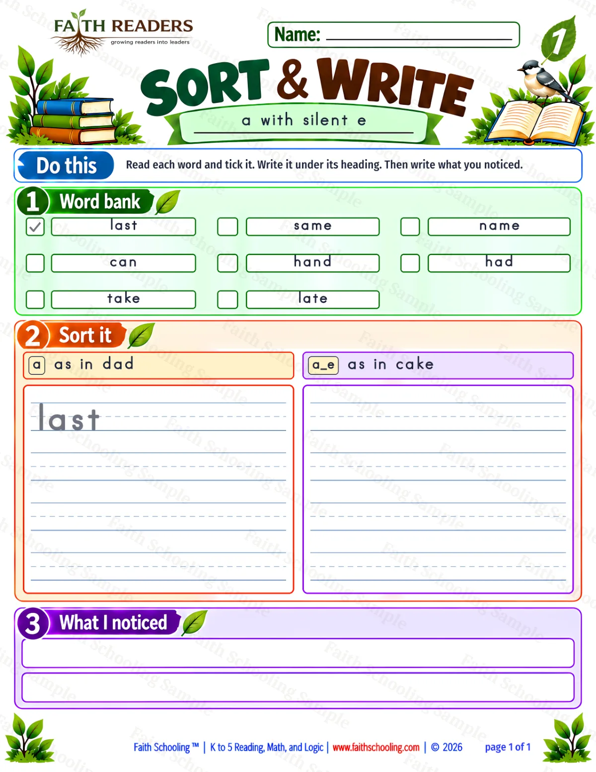 1st Grade phonics worksheet — Magic E. Sort And Write 1: a and a_e (free printable)